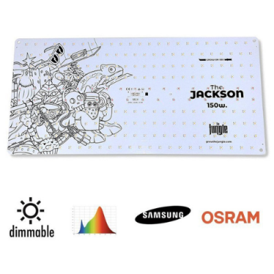 Painel LED branco com ilustrações e texto The JACKSON 150w.