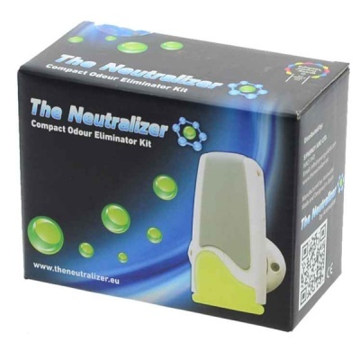 Caixa preta do produto The Neutralizer com imagem do dispositivo branco e amarelo e bolhas verdes sobre fundo azul.