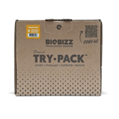 Caixa de cartão com texto BIOBIZZ TRY•PACK e código QR