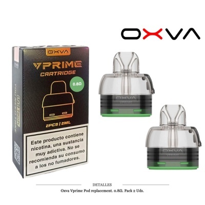 Cartuchos Oxva Vprime pack 2 unidades 0.8 ohm preto e verde em fundo branco
