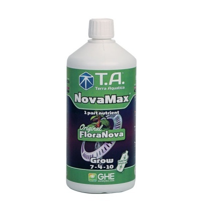 Frasco branco de fertilizante NovaMax Grow 7-4-10 com etiqueta verde e preta