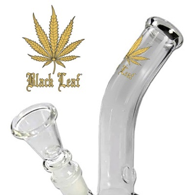 Cachimbo de água em vidro transparente com logotipo Black Leaf dourado