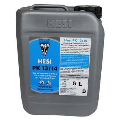 Recipiente cinzento HESI PK 13/14 para plantas com rótulo azul e branco
