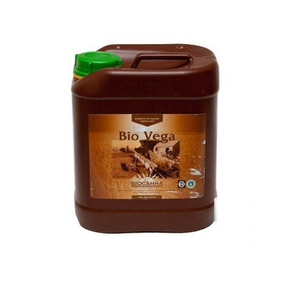 Recipiente plástico castanho com etiqueta Bio Vega e tampa verde