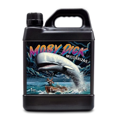 Frasco preto com etiqueta colorida de baleia e barco com texto MOBY DICK MICORRIZAS.