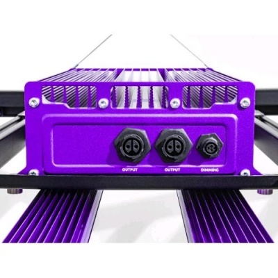 Módulo eletrônico roxo com três conectores e etiquetas OUTPUT e DIMMING