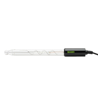 Lâmpada tubular de vidro transparente com base preta e código MA991