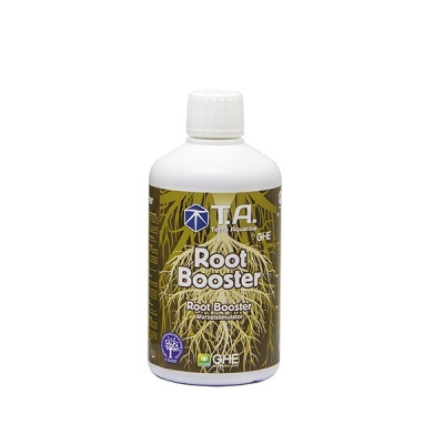 Frasco de plástico branco com produto TA Root Booster com rótulo castanho e amarelo