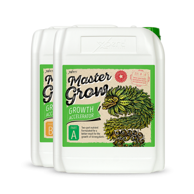 Recipientes de plástico para fertilizante Master Grow com rótulos e ilustração verde