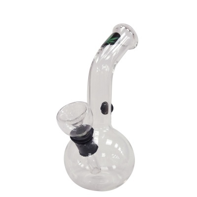 Bong transparente em vidro com folha verde e detalhes pretos.