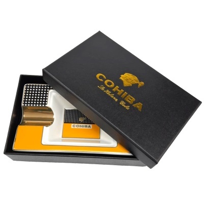 Conjunto para charutos COHIBA com caixa preta, cinzeiro cerâmico branco e suporte amarelo