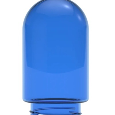 Frasco de vidro azul translúcido com tampa arredondada