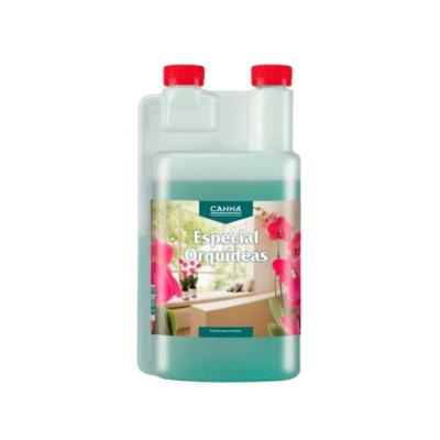 Frasco plástico com líquido azul e etiqueta de orquídeas