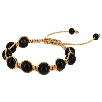 Pulseira trançada bege com contas pretas brilhantes e fecho ajustável