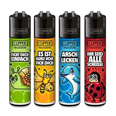 Quatro isqueiros Clipper reutilizáveis com desenhos de caracol verde, borboleta amarela, golfinho azul e joaninha vermelha.