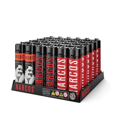 Caixa com 24 isqueiros NARCOS vermelhos e pretos