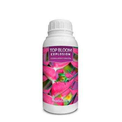 Frasco branco de produto TOP BLOOM EXPLOSION com rótulo colorido e rã verde