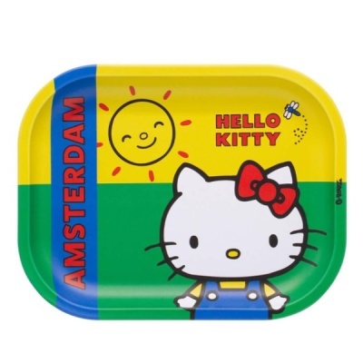 Tabuleiro multicolorido Hello Kitty com texto AMSTERDAM e sol sorridente