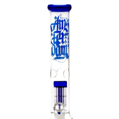 Pipedo de vidro transparente com detalhes em azul e texto caligráfico azul