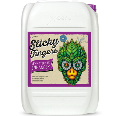 Recipiente branco com rótulo roxo Sticky Fingers e ilustração de folha com rosto