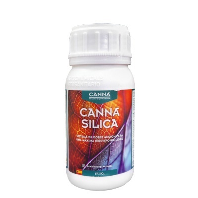 Frasco branco de Canna Silica com rótulo colorido e texto em espanhol