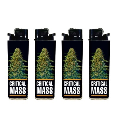 Quatro isqueiros pretos com planta e texto CRITICAL MASS