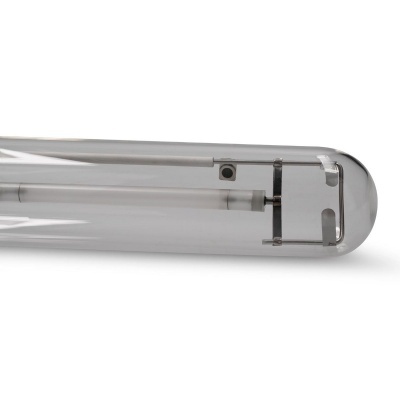 Lâmpada tubular transparente com componentes internos visíveis e extremidade arredondada