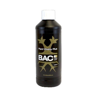 Frasco preto com rótulo BAC Plant Vitality Plus e tampa branca