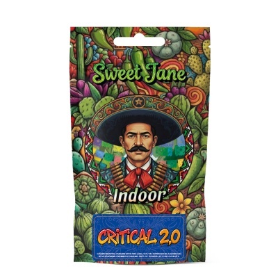 Embalagem colorida com ilustração de homem com chapéu mexicano e texto Sweet Jane Indoor CRITICAL 2.0