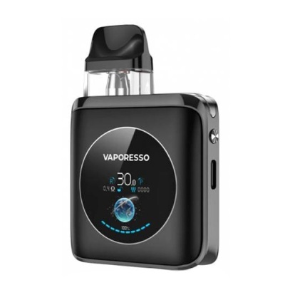 Dispositivo de vape preto da marca VAPORESSO com visor digital e bocal transparente
