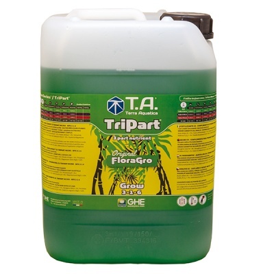 Recipiente plástico com fertilizante líquido verde e rótulo amarelo e verde T.A. Terra Aquatica TriPart