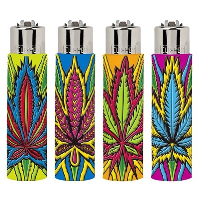 Quatro isqueiros Clipper com design colorido de folhas estilizadas