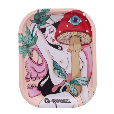 Tabuleiro de rolo retangular com arte colorida de mulher, cogumelo e crânio