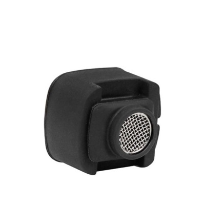 Microfone pequeno preto com tampa de malha metálica prateada