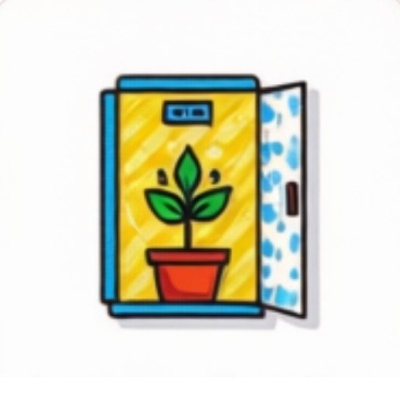 Mini-frigorífico amarelo com planta verde num vaso vermelho