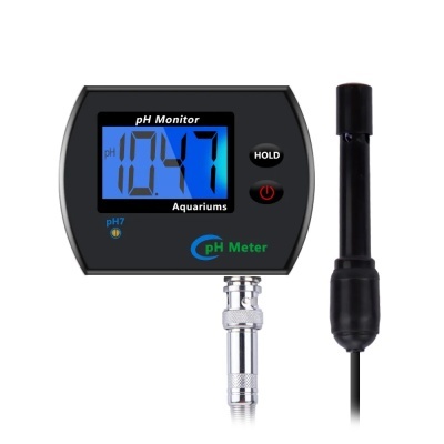Monitor digital pH para aquários com ecrã LCD azul e sonda preta