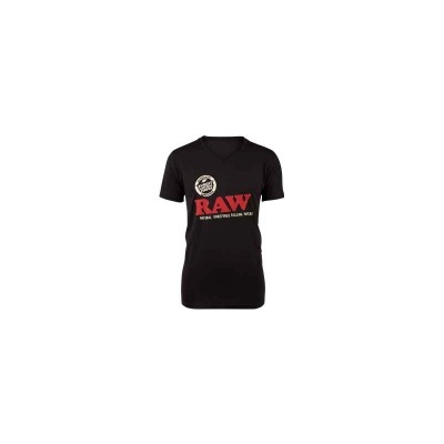 T-shirt preta RAW com texto vermelho e branco