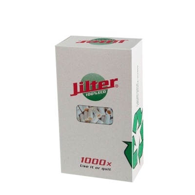Embalagem de filtros para cigarros Jilter 100% ECO branca com detalhes verdes e vermelhos