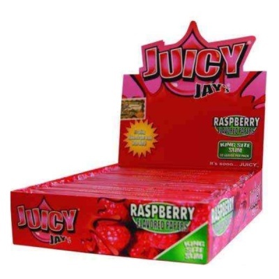 Pacotes vermelhos de papéis de enrolar Juicy Jays sabor framboesa em caixa de exposição