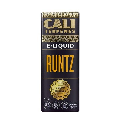 Embalação preta com letras douradas do e-liquid Runtz Cali Terpenes com selo top quality.