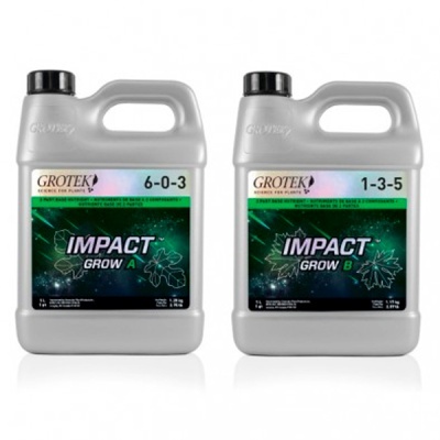 Dois frascos plásticos cinzentos com tampa preta de fertilizante Grotek Impact Grow A e B.