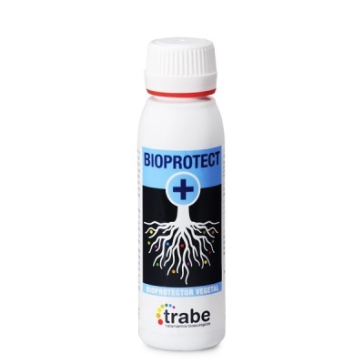 Frasco branco de plástico com rótulo azul e preto BIOPROTECTP