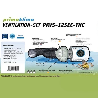 Conjunto de ventilação Primaklima PKVS-125EC-THC com tubos e filtro em fundo branco