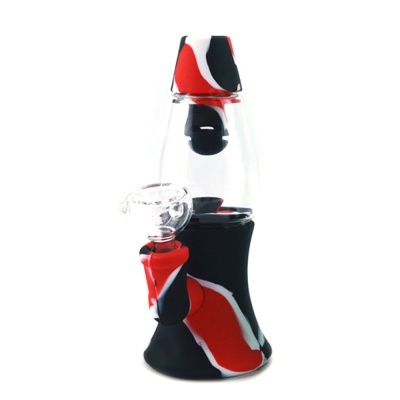 Bong para fumo de silicone e vidro com padrão vermelho, preto e branco.