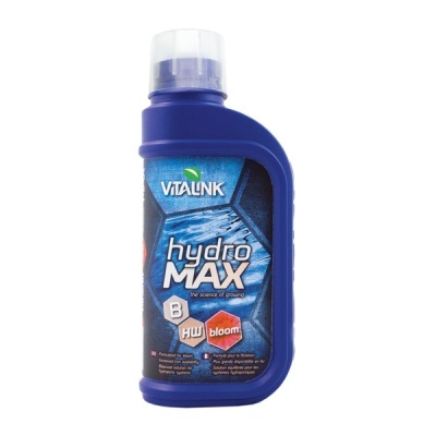 Frasco plástico azul com rótulo hydro MAX bloom da VITALINK