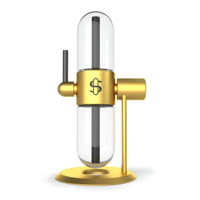 Microscópio dourado com partes transparentes e símbolo de cifrão preto, base circular