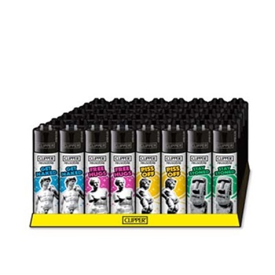 Isqueiros Clipper coloridos com mensagens e imagens de estátuas, organizados numa base amarela