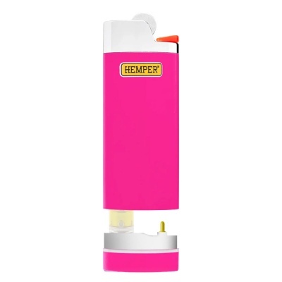 Isqueiro rosa com logótipo HEMPER e detalhes em branco e laranja