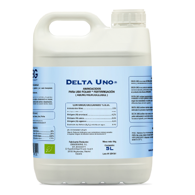 Garrafão plástico branco 5L com etiqueta azul Delta Uno aminoácidos para fertirrigação