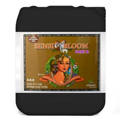 Recipiente preto de produto Sensi Coco Bloom Part B com etiqueta colorida e desenho de mulher com flores.